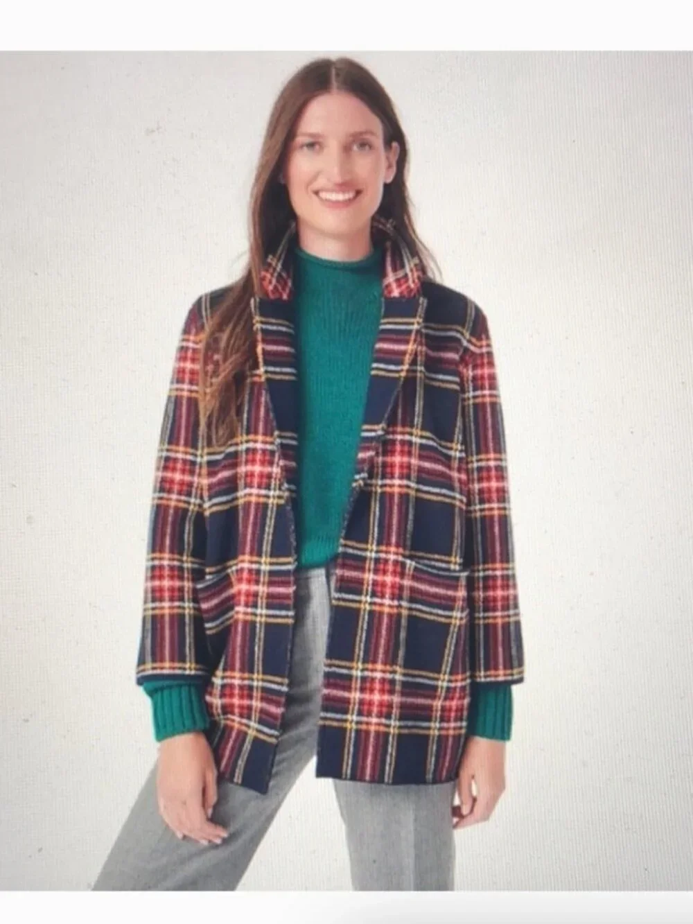 J. Crew Sophie Open Front Sweater Blazer Black Stewart Tartan Plaid M